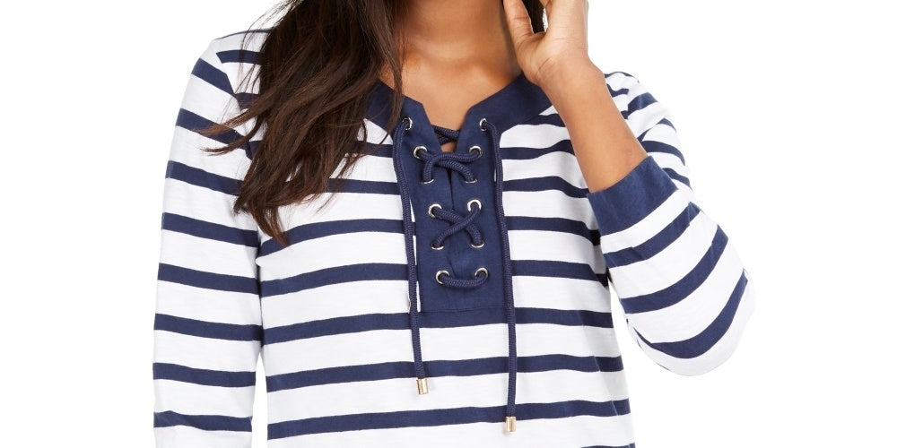 Charter Club Women's Cotton Lace Up Grommet Neck Tunic Blue Size Large