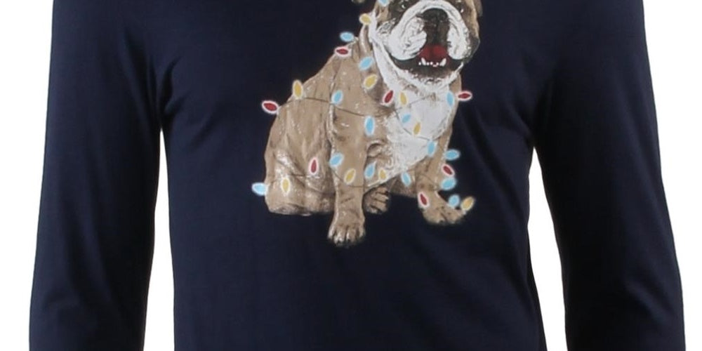 Club Room Men's Christmas Bulldog Graphic Holiday T-Shirt Navy Size Large