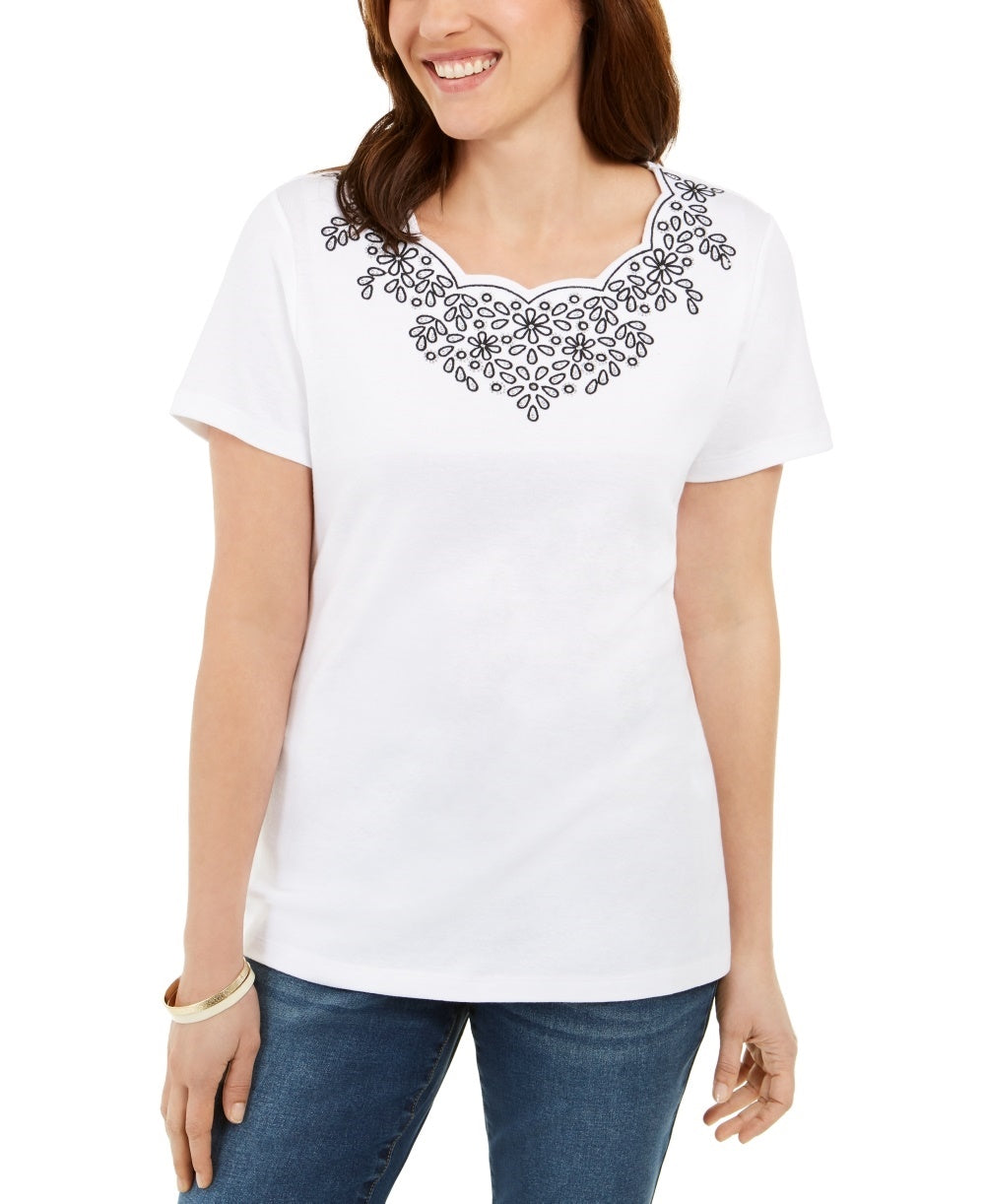 Karen Scott Women's Scalloped Studded Top White Size Small