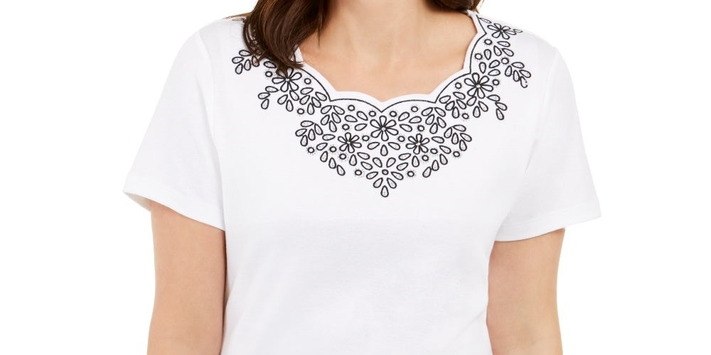Karen Scott Women's Scalloped Studded Top White Size Small