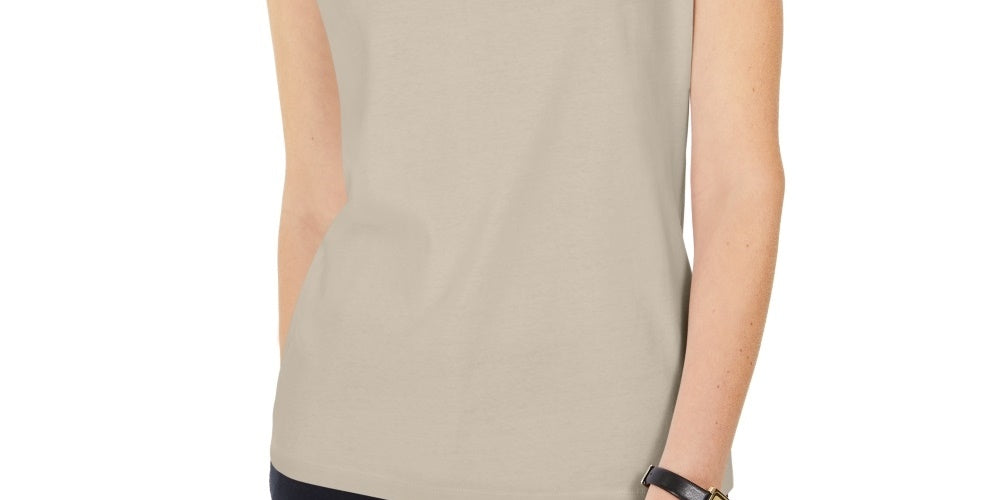Karen Scott Women's Tipped Keyhole Tank Beige Size Small