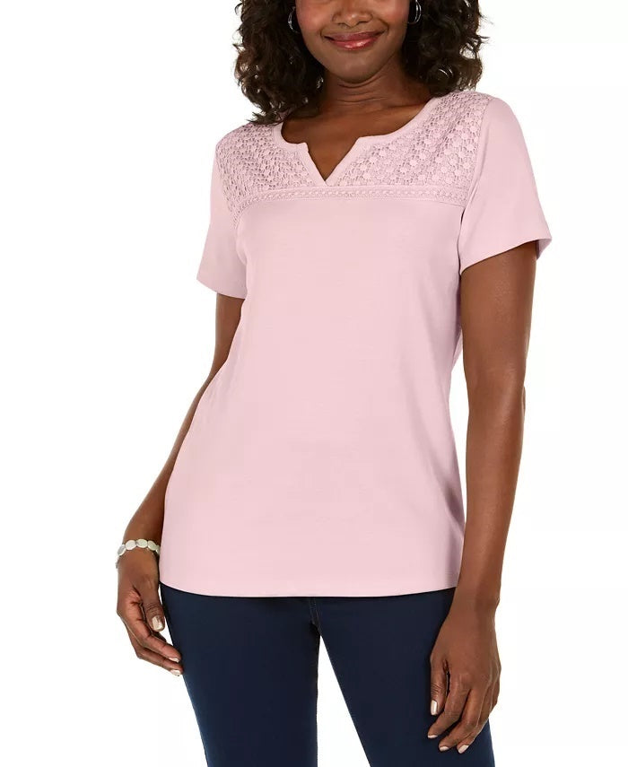 Karen Scott Women's Petite Crochet Keyhole Top Pink Size Petite