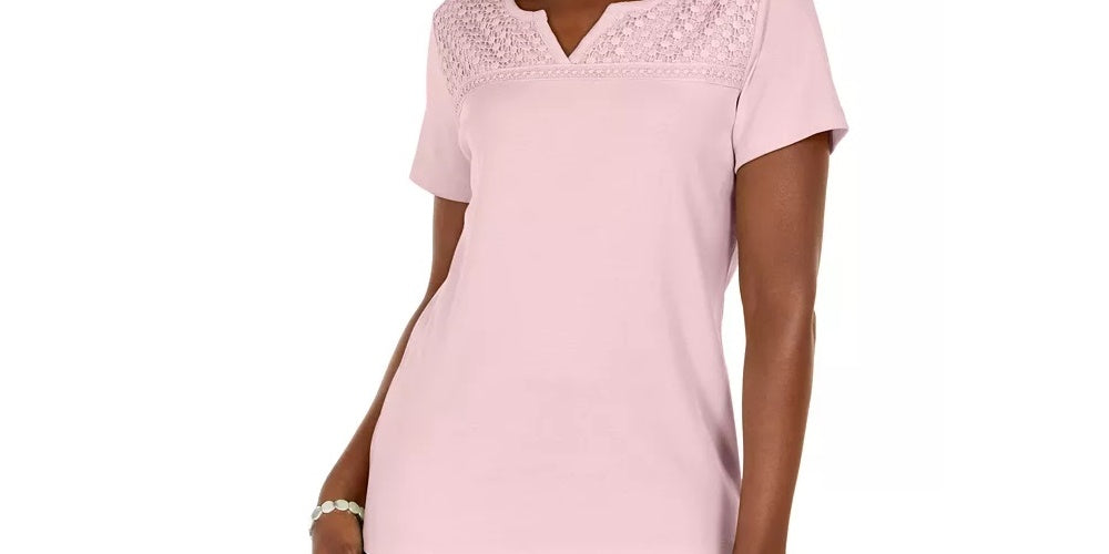 Karen Scott Women's Petite Crochet Keyhole Top Pink Size Petite