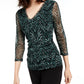INC International Concepts Women's Double Layer V Neck Top Green Size Petite Medium
