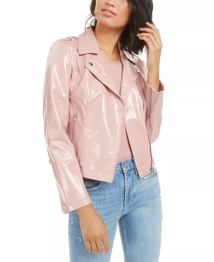Bar III Women's Faux-Leather Moto Jacket Pink Size X-Small