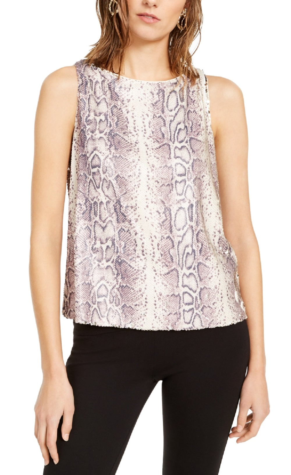INC International Concepts Women's Sequined Snake-Embossed Tank Top Pink Size Large