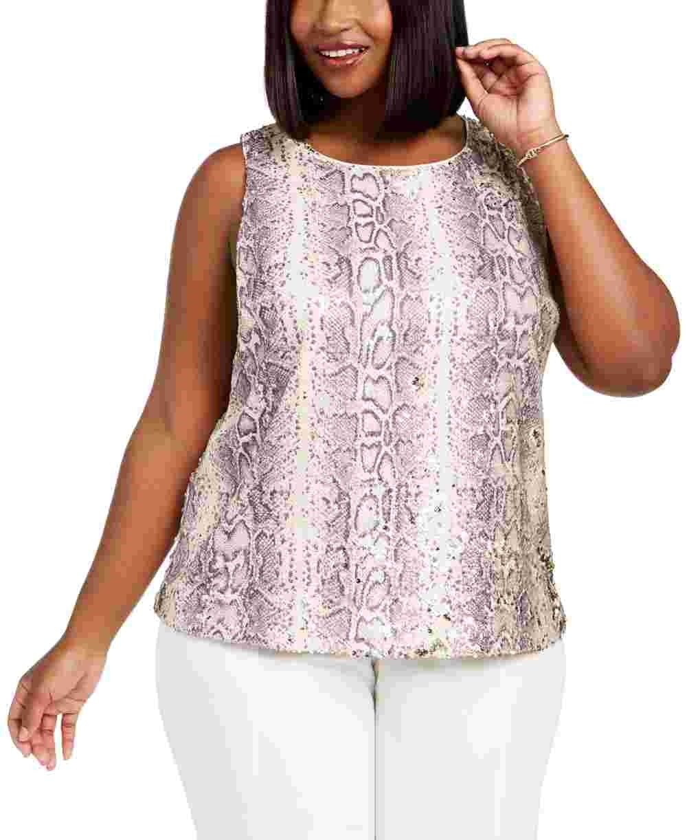 INC International Concepts Women's Plus Size Flippy Sequin Top Pink Size 1X