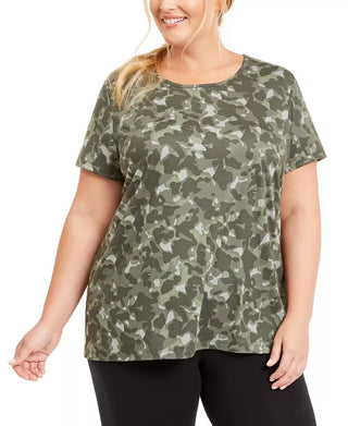 Ideology Women's Plus Camouflage Keyhole Top Green Size 1X