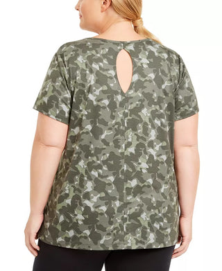 Ideology Women's Plus Camouflage Keyhole Top Green Size 1X