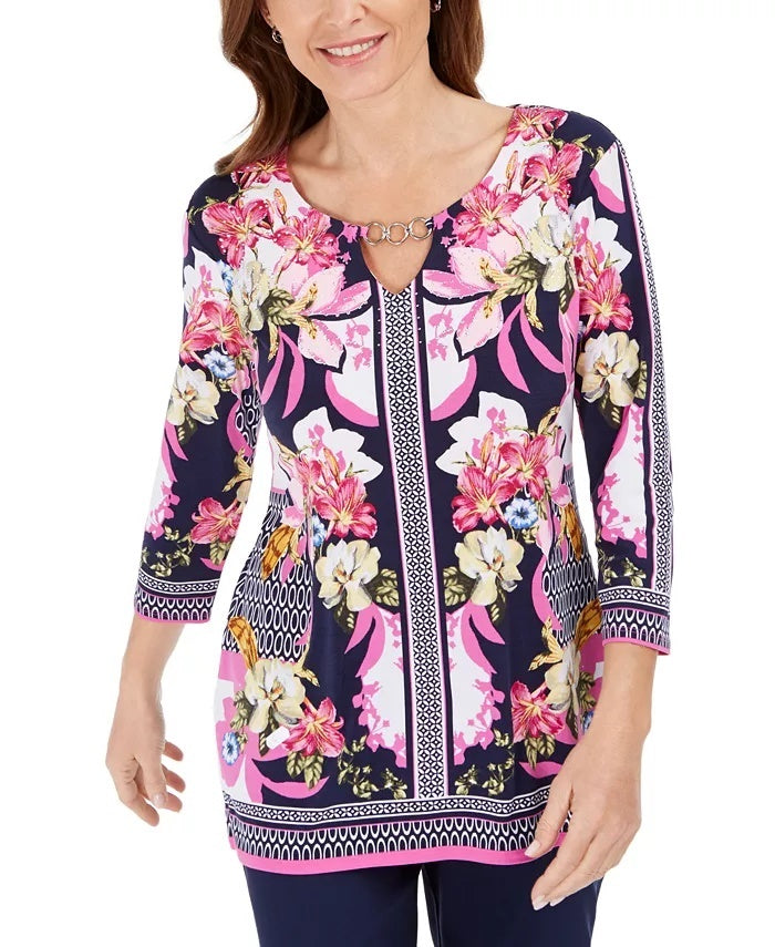 JM Collection Women's Embellished Keyhole Top Navy Size Medium