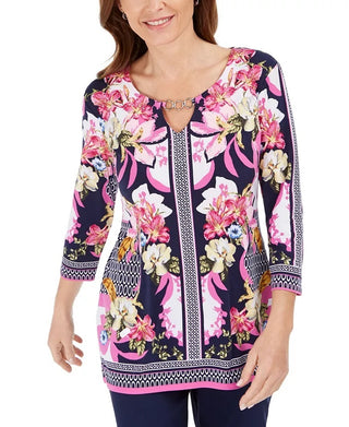 JM Collection Women's Embellished Keyhole Top Navy Size Medium