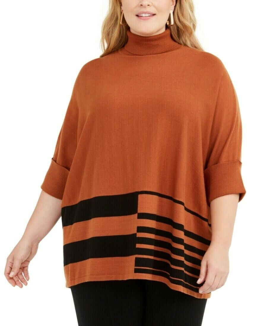 Alfani Women's Plus Size Colorblocked Turtleneck Poncho Brown Size 2X
