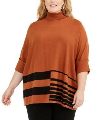 Alfani Women's Plus Size Colorblocked Turtleneck Poncho Brown Size 2X