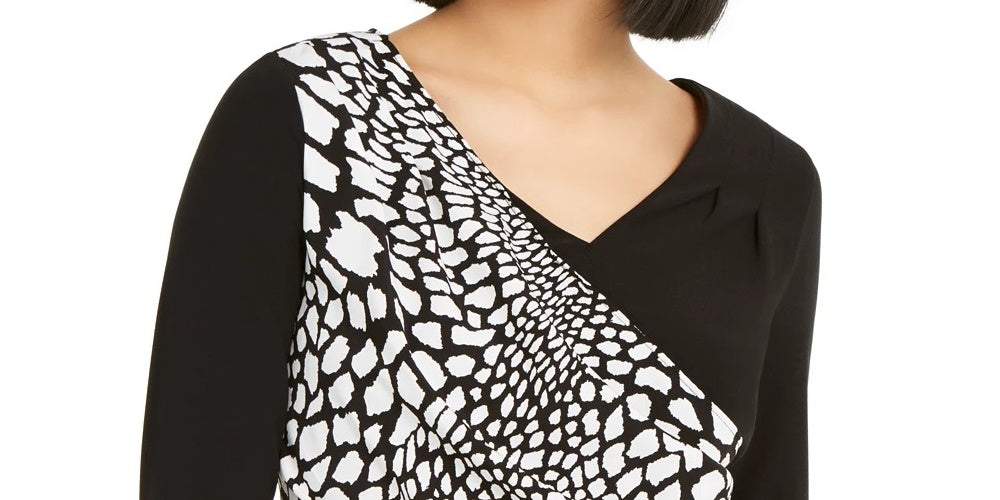 Alfani Women's Patterned Long Sleeve V Neck Wrap Top Black Size XX-Large