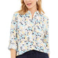 Charter Club Women's Printed Button Front Linen Blend Top White Size Petite Medium