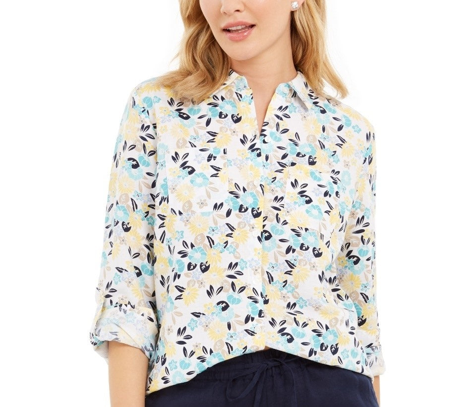 Charter Club Women's Printed Button Front Linen Blend Top White Size Petite Medium