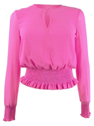 Bar III Women's Becca Tilley X Sheer Sleeve Smocked Waist Top Pink Size Medium