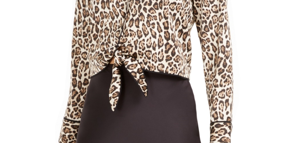 Bar III Women's Becca Tilley X Leopard-Print Tie-Front Satin Top Beige Size XX-Large