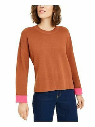 Bar III Women's Becca Tilley X Contrast-Cuff Crewneck Sweater Orange Size Large