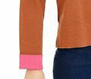 Bar III Women's Becca Tilley X Contrast-Cuff Crewneck Sweater Orange Size Large