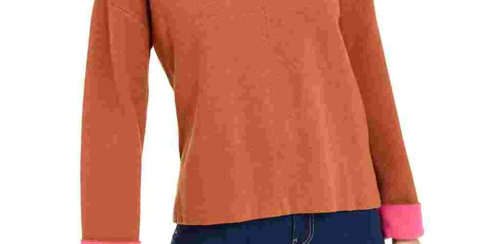 Bar III Women's Becca Tilley x Contrast-Cuff Crewneck Sweater Orange Size Medium