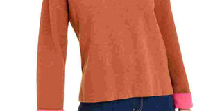 Bar III Women's Becca Tilley x Contrast-Cuff Crewneck Sweater Orange Size Medium