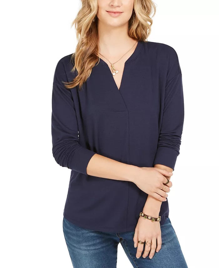 Style & Co Women's Split Neck Top Navy Size Small