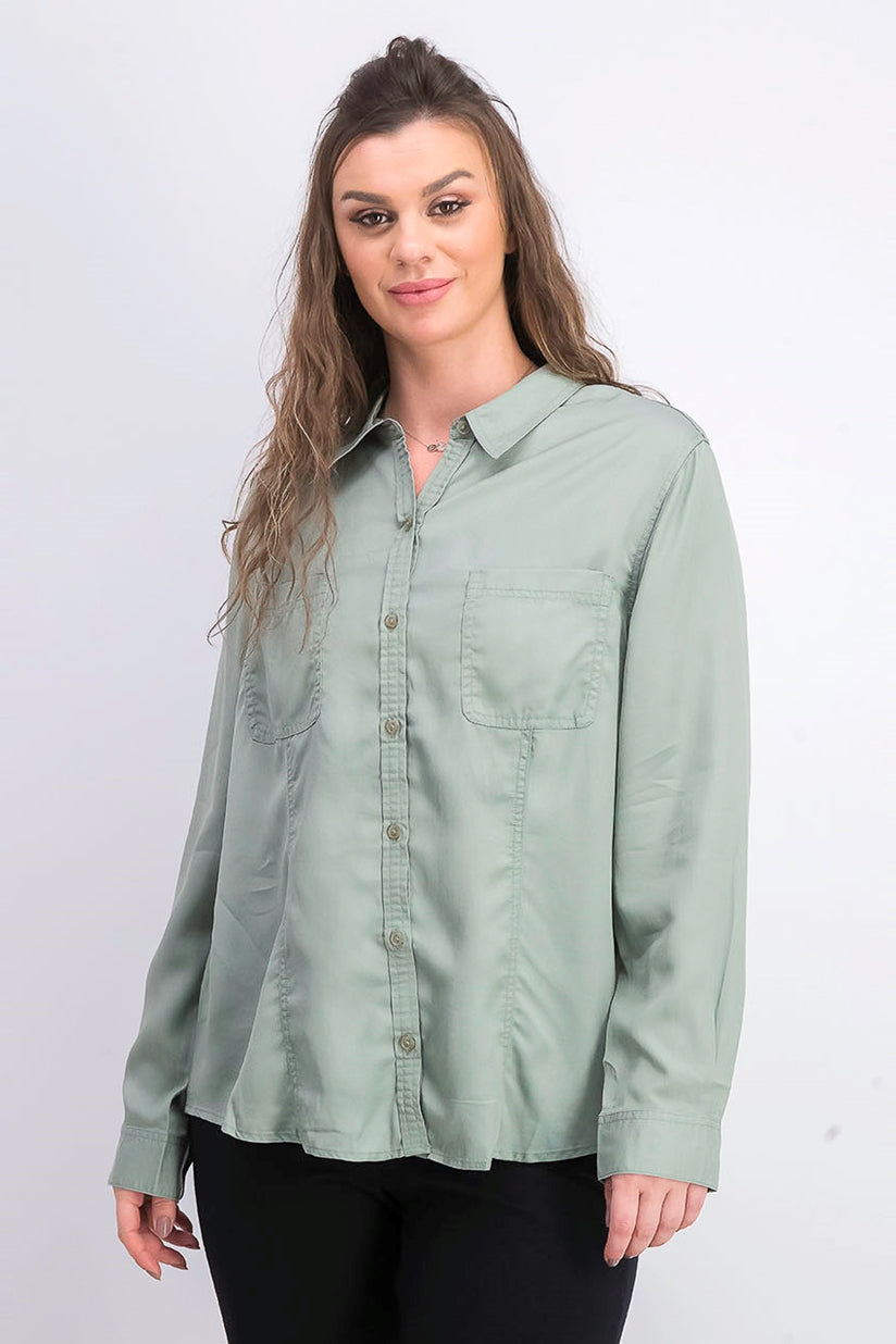 Charter Club Women's Woven Solid Tencel Shirt Green Size Small