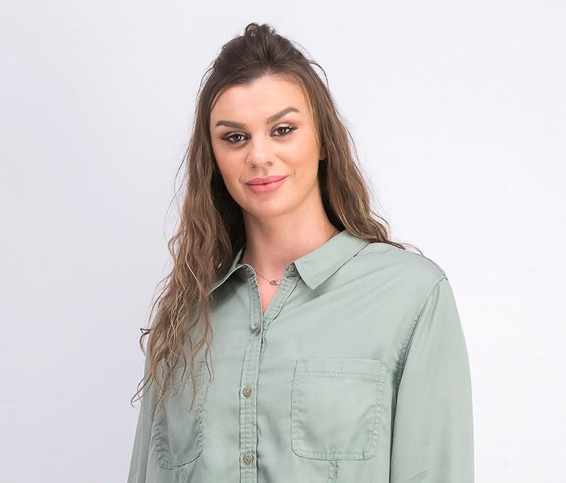 Charter Club Women's Woven Solid Tencel Shirt Green Size Small