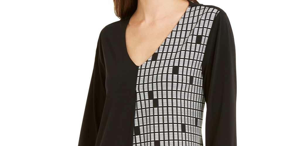 Alfani Women's Mixed Print Asymmetrical Hem Top  Black Size Petite Small