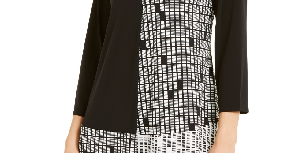 Alfani Women's Mixed Print Asymmetrical Hem Top  Black Size Petite Small