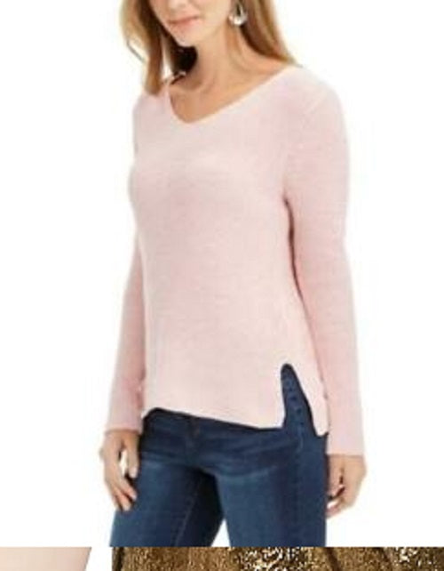 Style & Co Women's Ribbed V-Neck Cotton Sweater Pink Size X-Large
