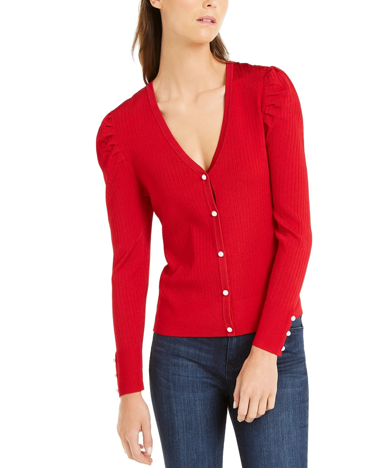 INC International Concepts Women's Puff Sleeve Cardigan Red Size Large