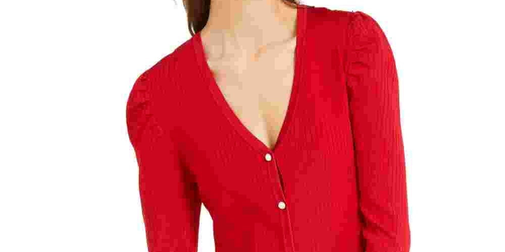 INC International Concepts Women's Puff-Sleeve Cardigan Red Size Medium