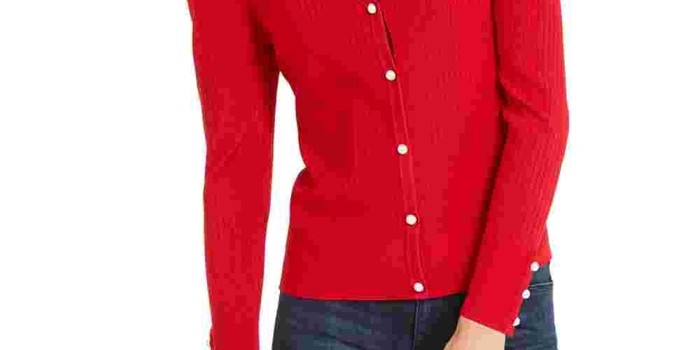 INC International Concepts Women's Puff-Sleeve Cardigan Red Size Medium