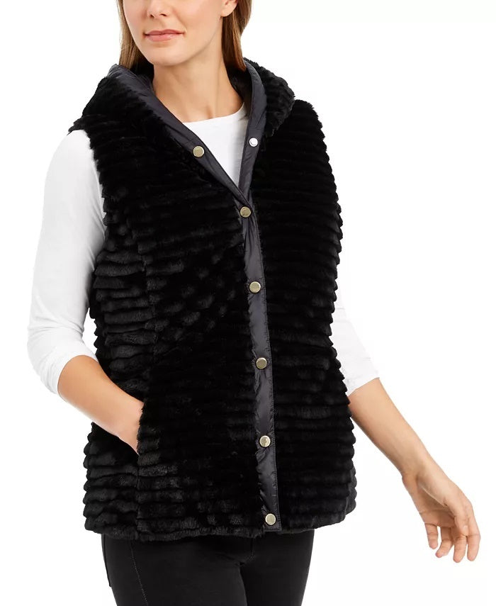 Charter Club Women's Faux-Fur Hooded Reversible Vest Black Size X-Large