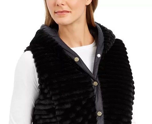 Charter Club Women's Faux-Fur Hooded Reversible Vest Black Size X-Large