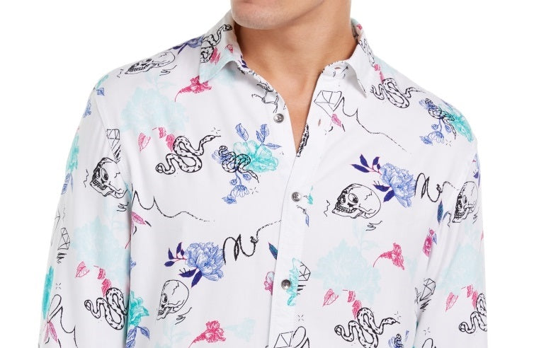 INC International Concepts Men's Shirt Tropical Print Sketch White Size Small