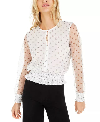 Bar III Women's Becca Tilley X Polka Dot Smocked Waist Top White Size Large