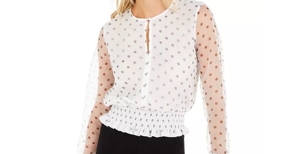 Bar III Women's Becca Tilley X Polka Dot Smocked Waist Top White Size Large
