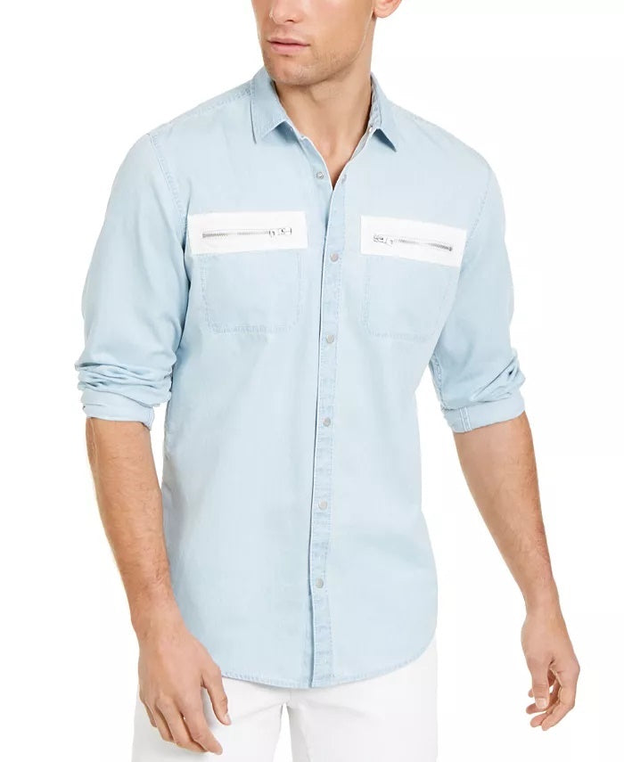 INC International Concepts Men's Avery Snap Collared Casual Shirt Blue Size Small