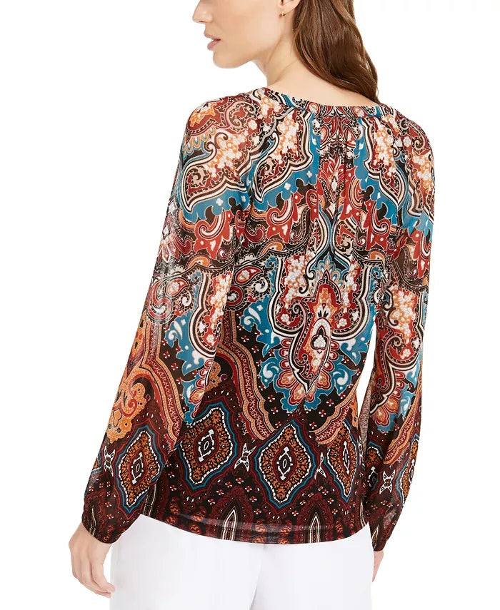 INC International Concepts Women's Printed Lace-Up Top Blue Size X-Small