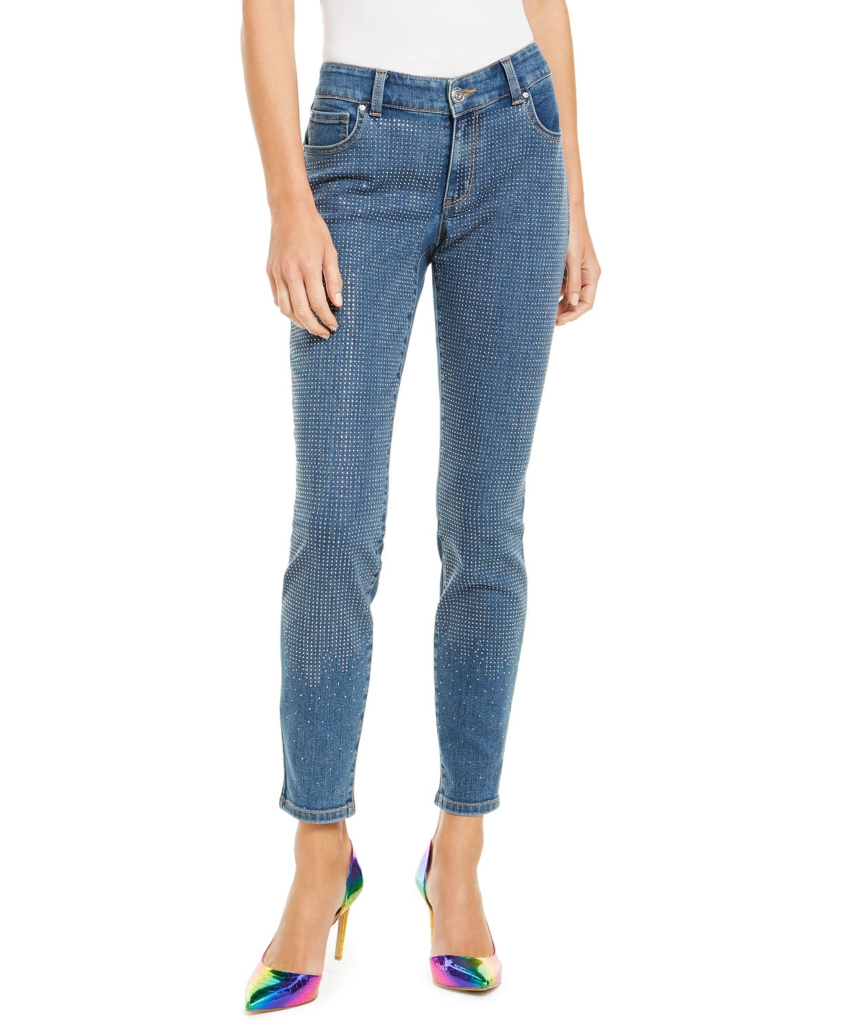 INC International Concepts Women's Petite Embellished-Front Skinny Jeans Blue Size 4P