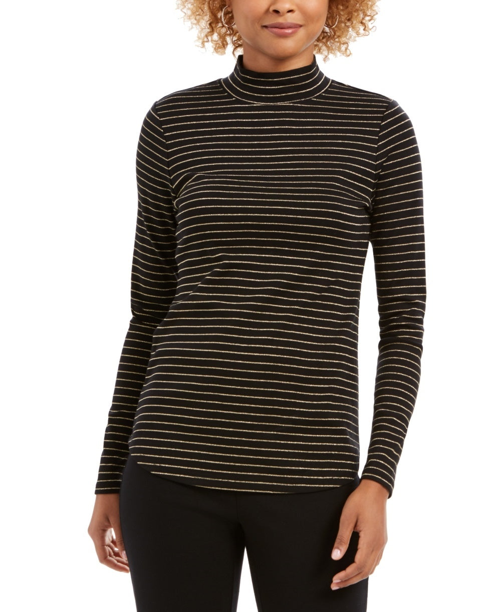 Charter Club Women's Striped Mock Neck Top Black Size X-Large