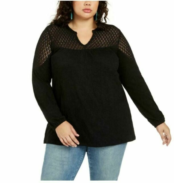 Style & Co Women's Crochet-Yoke Top Black Size Small