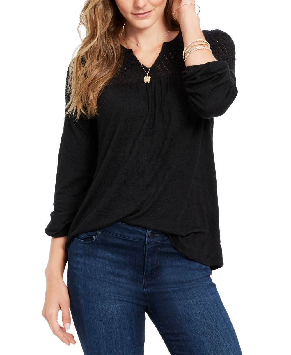 Style & Co Women's Crochet Yoke Top Black Size X-Large