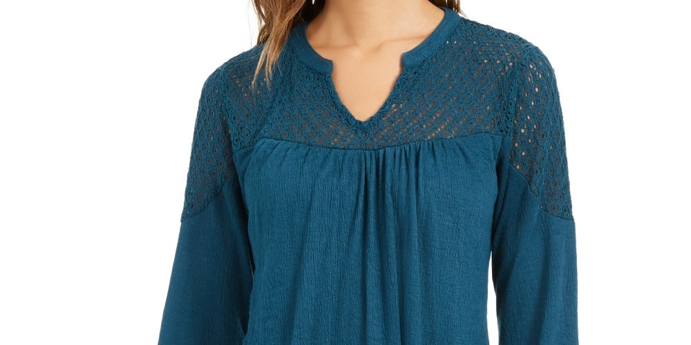 Style & Co Women's Crochet-Yoke Top Green Size Small