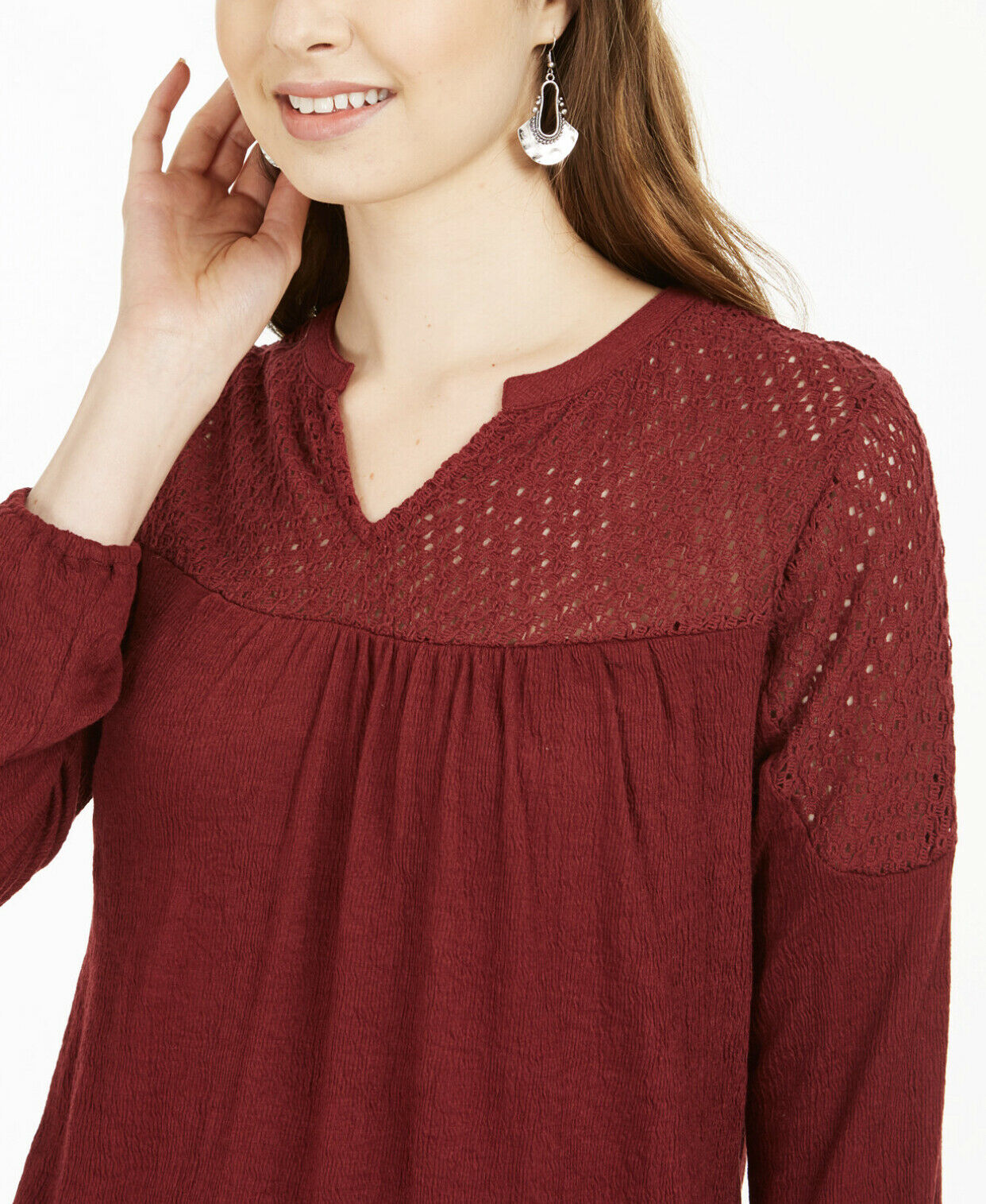 Style & Co Women's Crochet Yoke Top Red Size Large