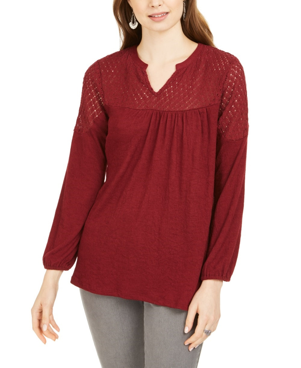 Style & Co Women's Crochet Yoke Top Red Size X-Small