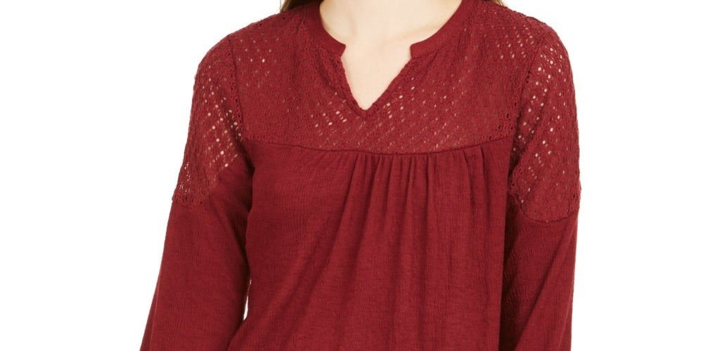 Style & Co Women's Crochet Yoke Top Red Size X-Small